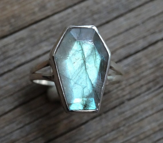 Handmade Sterling Silver Coffin Ring, Natural Rainbow Labradorite, Gothic Jewelry Handmade Sterling Silver Coffin Ring, Natural Rainbow Labradorite, Gothic Jewelry