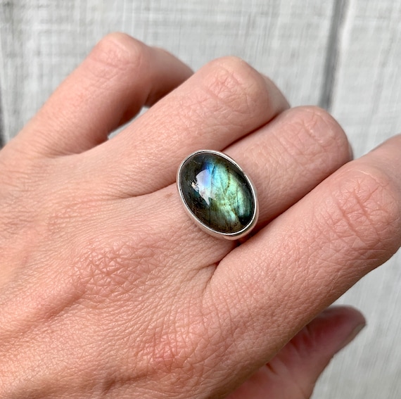 Large Oval Blue Green Flashy Labradorite Sterling Silver Statement Ring | Labradorite Ring | Silver Ring | Made To Order | Gifts For Her