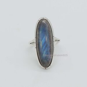Natural Labradorite Sterling Silver Ring: Long Oval Statement Jewelry