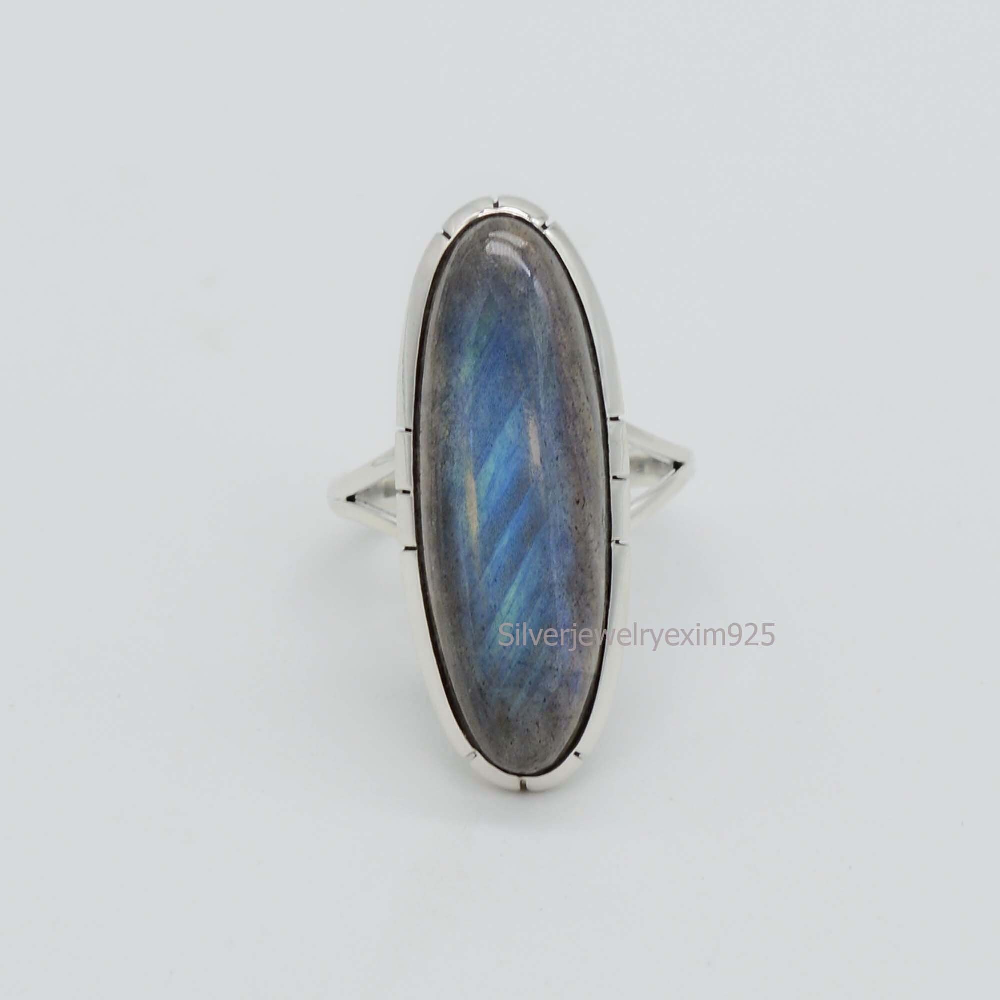 Natural Labradorite Sterling Silver Ring: Long Oval Statement Jewelry Natural Labradorite Sterling Silver Ring: Long Oval Statement Jewelry