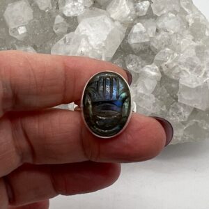 Oval Carved Labradorite Hamsa Hand Ring, Size 9