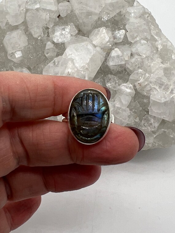 Oval Carved Labradorite Hamsa Hand Ring,  Size 9