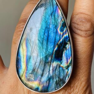 Pear Spectrolite Labradorite Sterling Silver Ring, Rare Purple, blue Flash