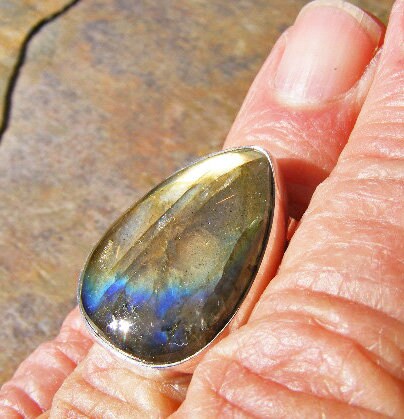 Labradorite Ring, Size 6 1/4, Intense Golden Labradorite With Blue Accents, Fiery Stone Like Spectrolite, Sterling Silver