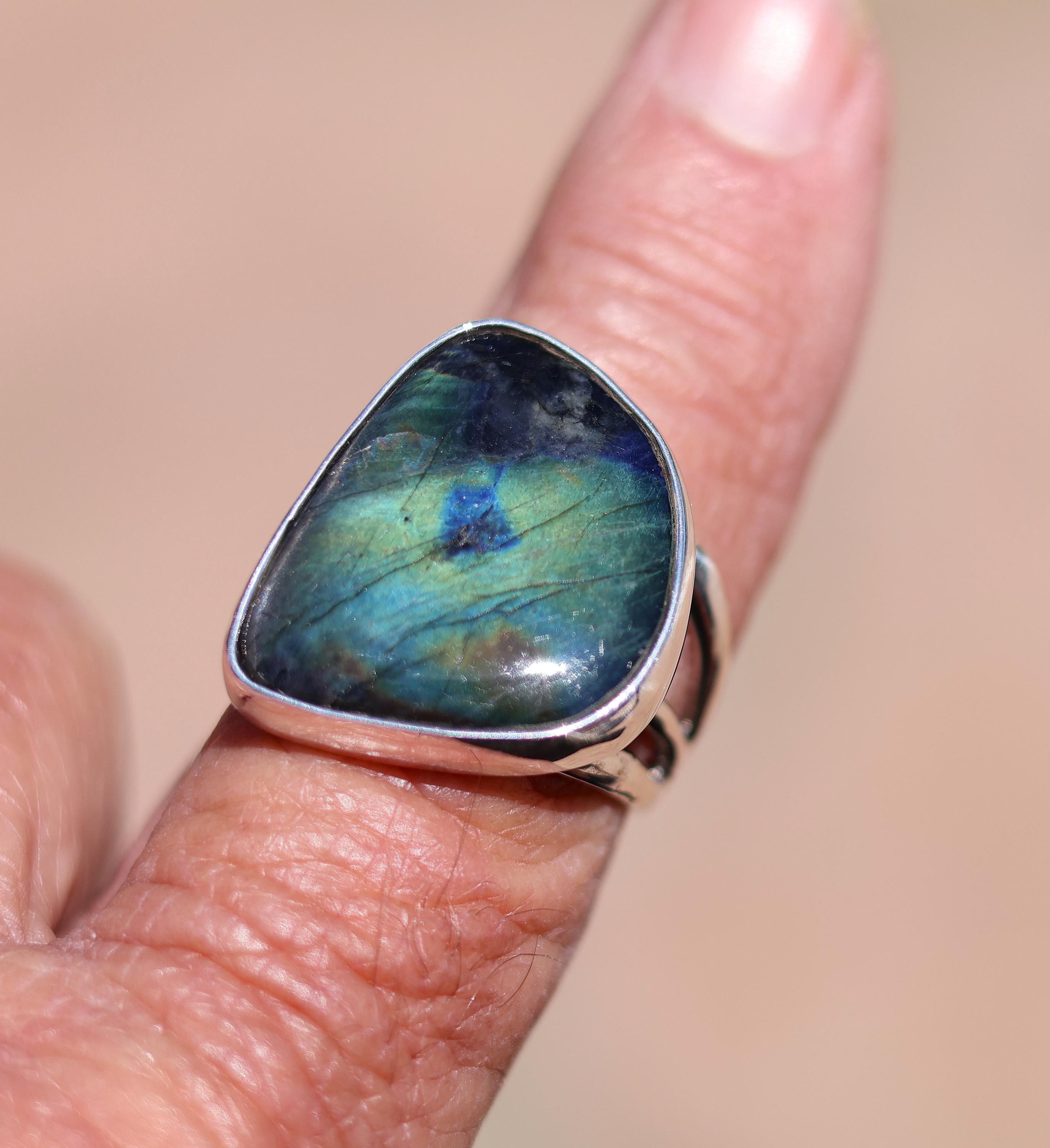 Spectrolite Ring, Size 10, Intense Rainbows Of Color, Deep Blue With Golden, Labradorite, Fiery Spectrolite, One Of A Kind, Sterling Silver