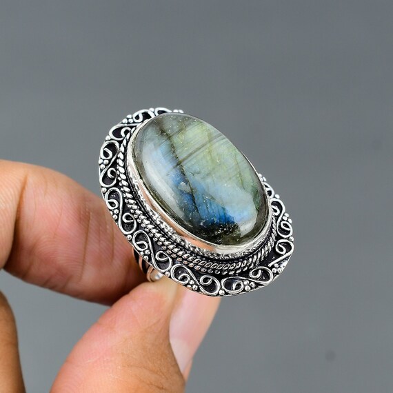 Labradorite Sterling Silver Ring - Vintage Gemstone Jewelry, Size 9.5
