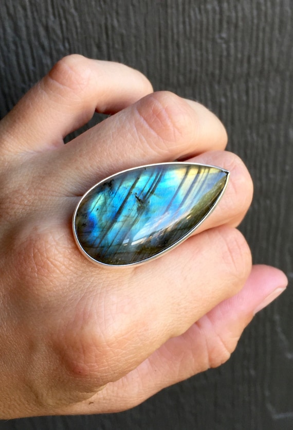 Stunning Flashy Pear Shaped Or Teardrop Labradorite Geometric Ring In Sterling Silver | Statement Ring | Labradorite Ring | Boho | Rocker