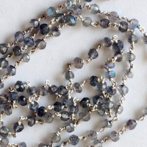 3mm Labradorite Faceted Rondelle Beads In 925 Silver Wire Wrapped Rosary Style Chain, Labradorite Beaded Chain ( 1 Foot To 10 Feet Options)