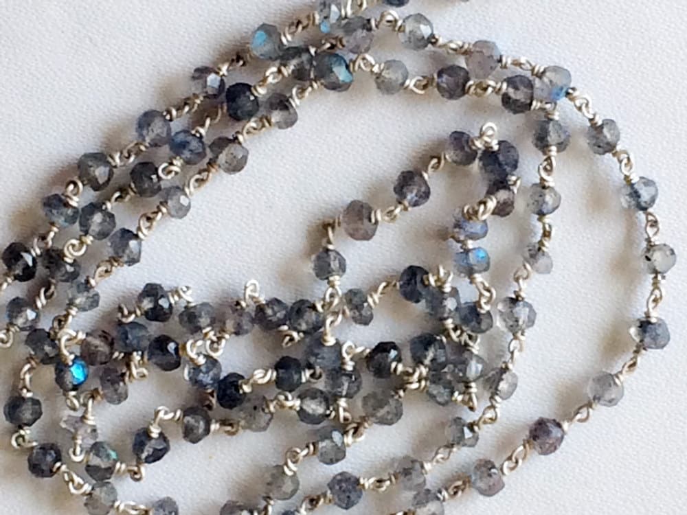 3mm Labradorite Faceted Rondelle Beads In 925 Silver Wire Wrapped Rosary Style Chain, Labradorite Beaded Chain ( 1 Foot To 10 Feet Options)