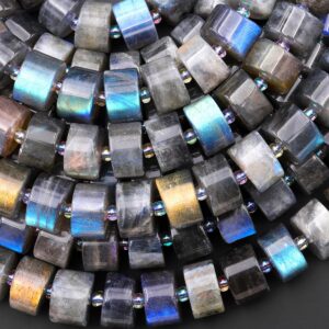 Natural Labradorite Smooth Thick Rondelle Beads Flashy 10mm 12mm Wheel Cylinder 15.5" Strand