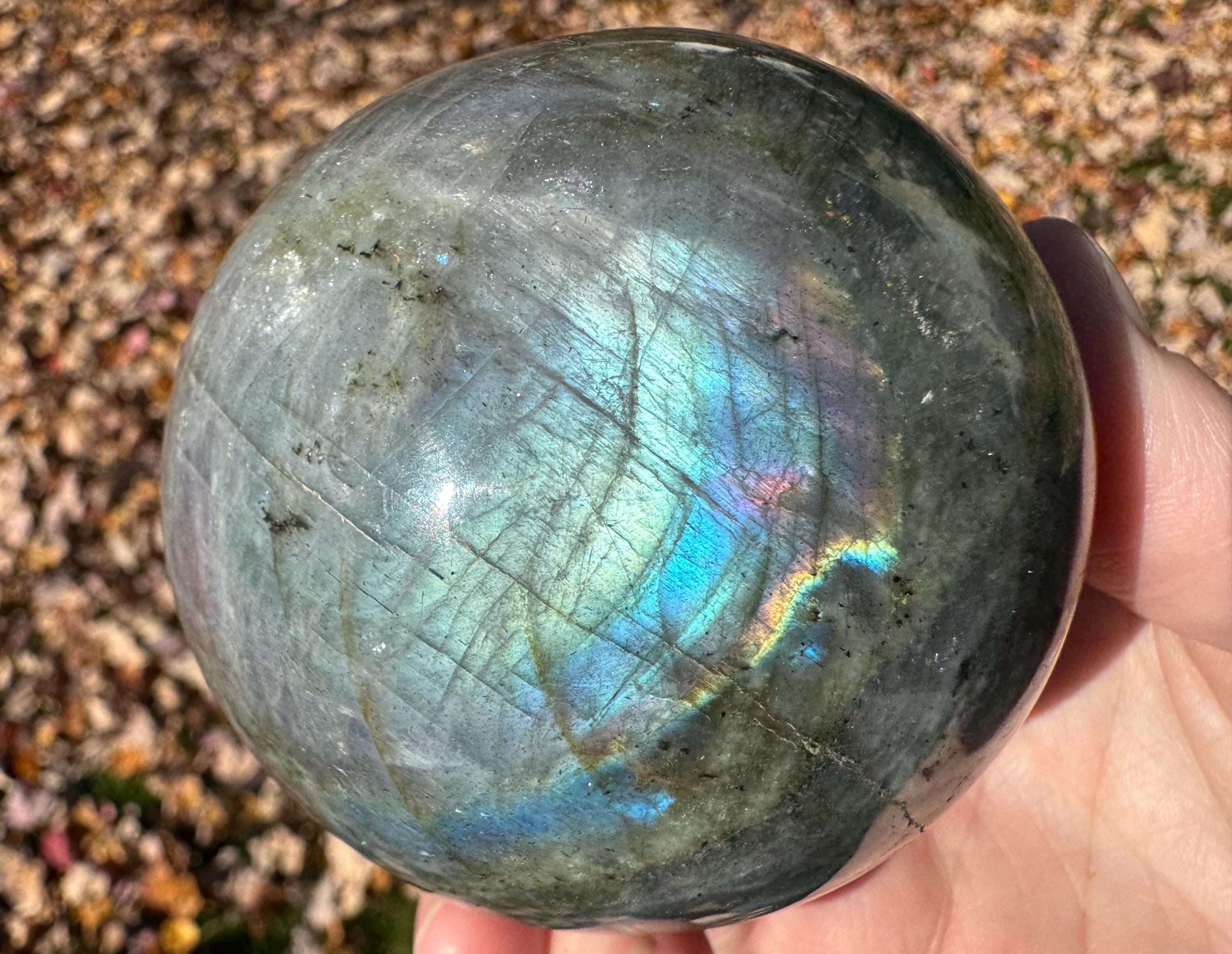 2.9" Labradorite Sphere, Rainbow Flash, Crystal Ball, Sagittarius, Polished Stone, Pink Blue Witchy Living Room Decor, , Him #5