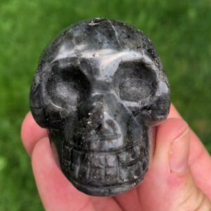 2" Larvikite Skull Carving Flashy Gemstone Crystal Figurine Black Labradorite Blue Flash