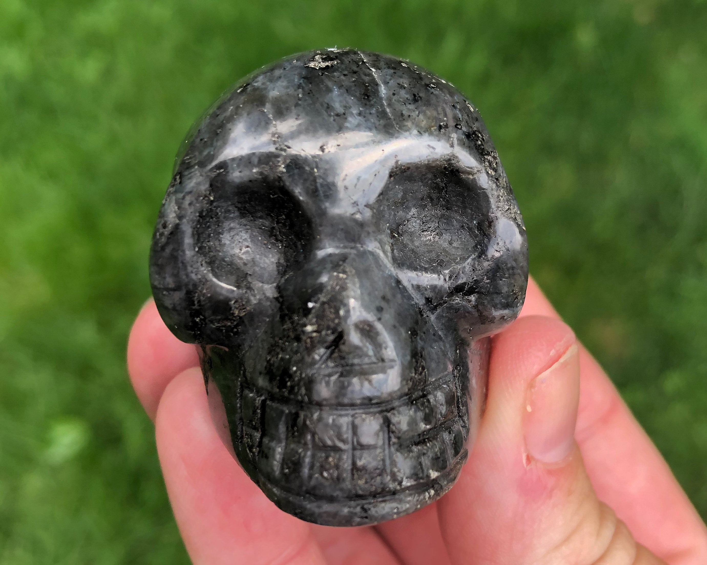 2" Larvikite Skull Carving  Flashy Gemstone Crystal Figurine Black Labradorite Blue Flash