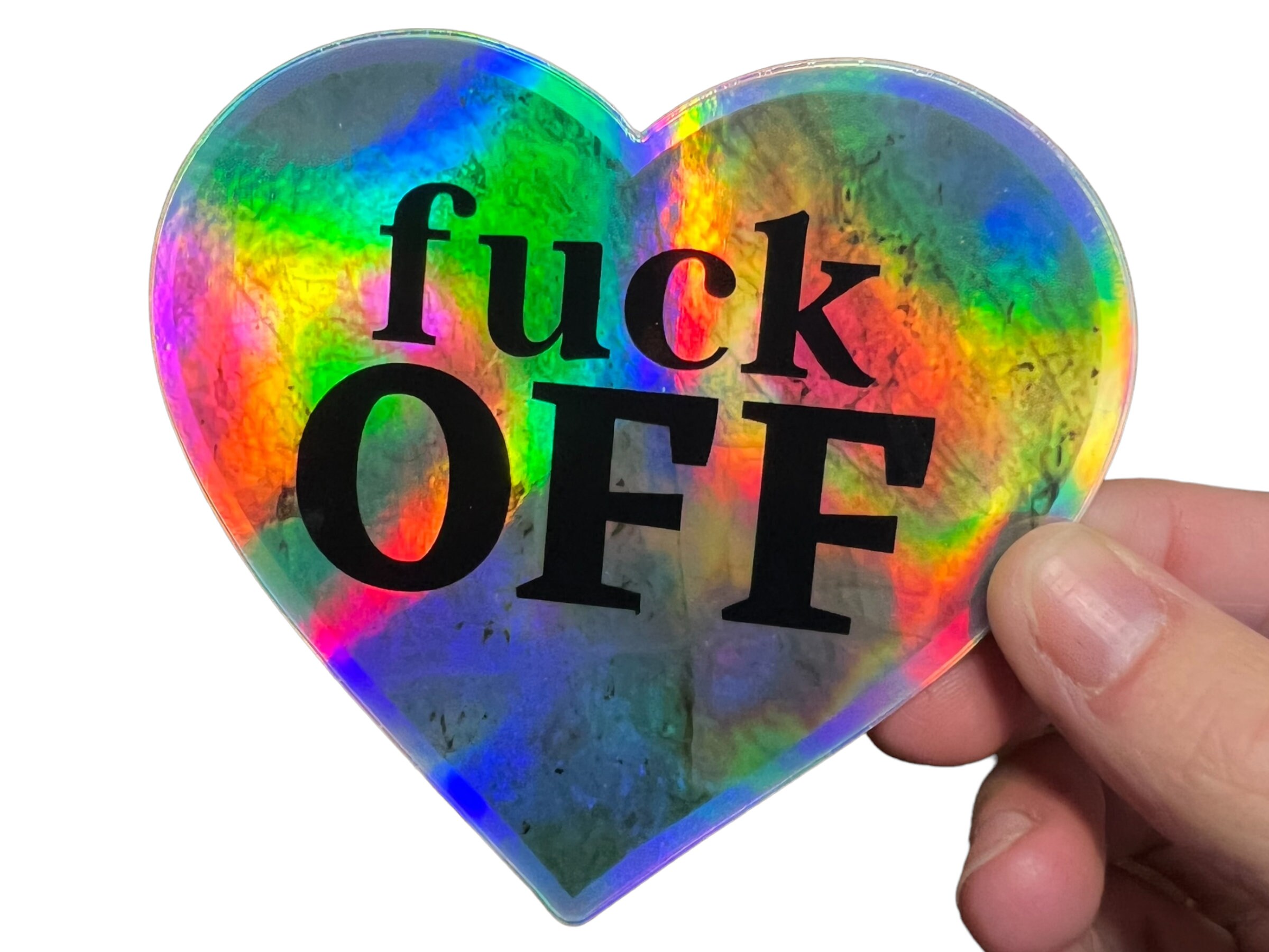 Fuck Off Labradorite Heart Sticker - 4 Inch - Holographic Rainbow Vinyl - Waterproof Crystal Art