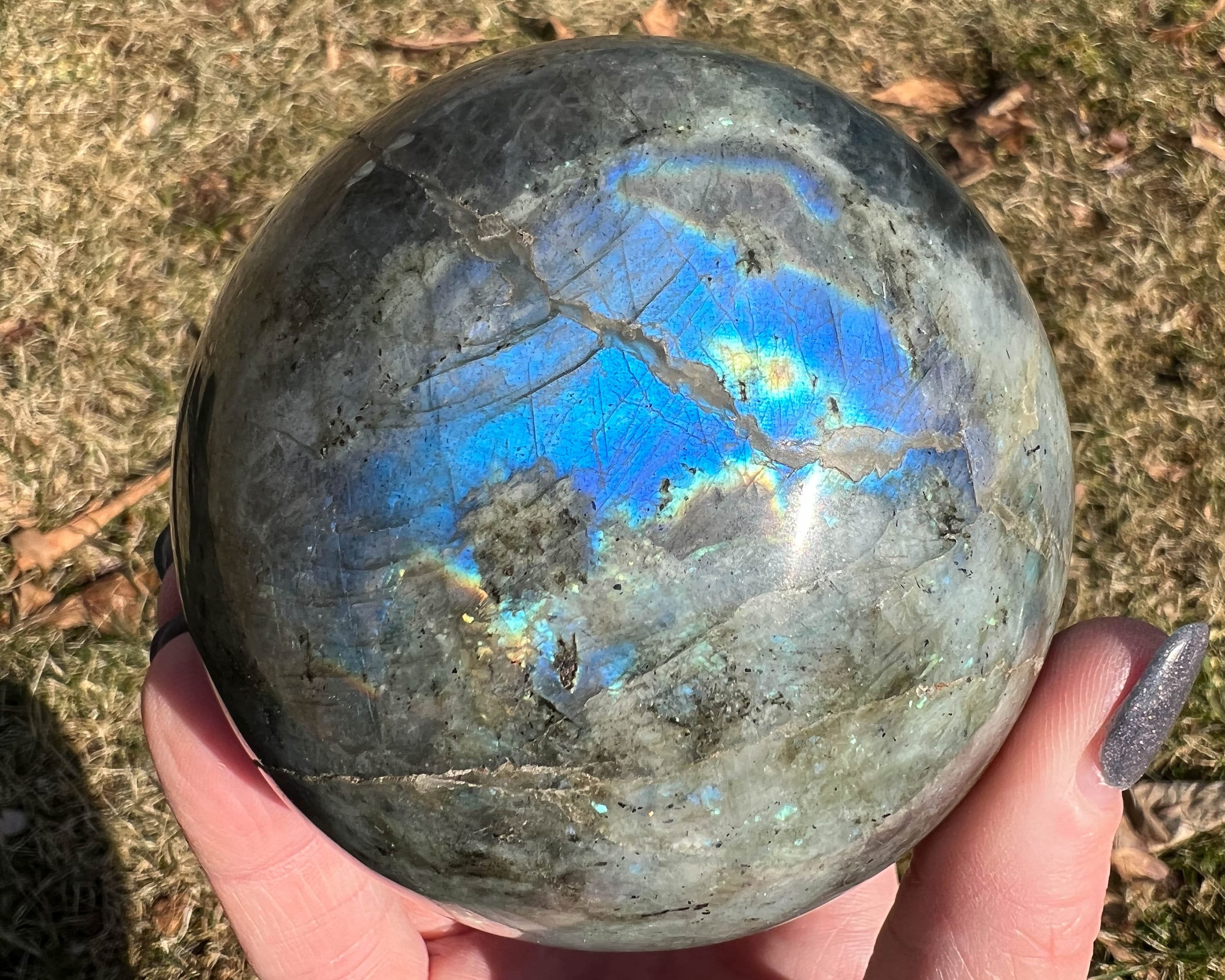 Large 3.4 In Labradorite Sphere, Rainbow Flash, Blue Flashy Crystal, Gemstone Gift #2
