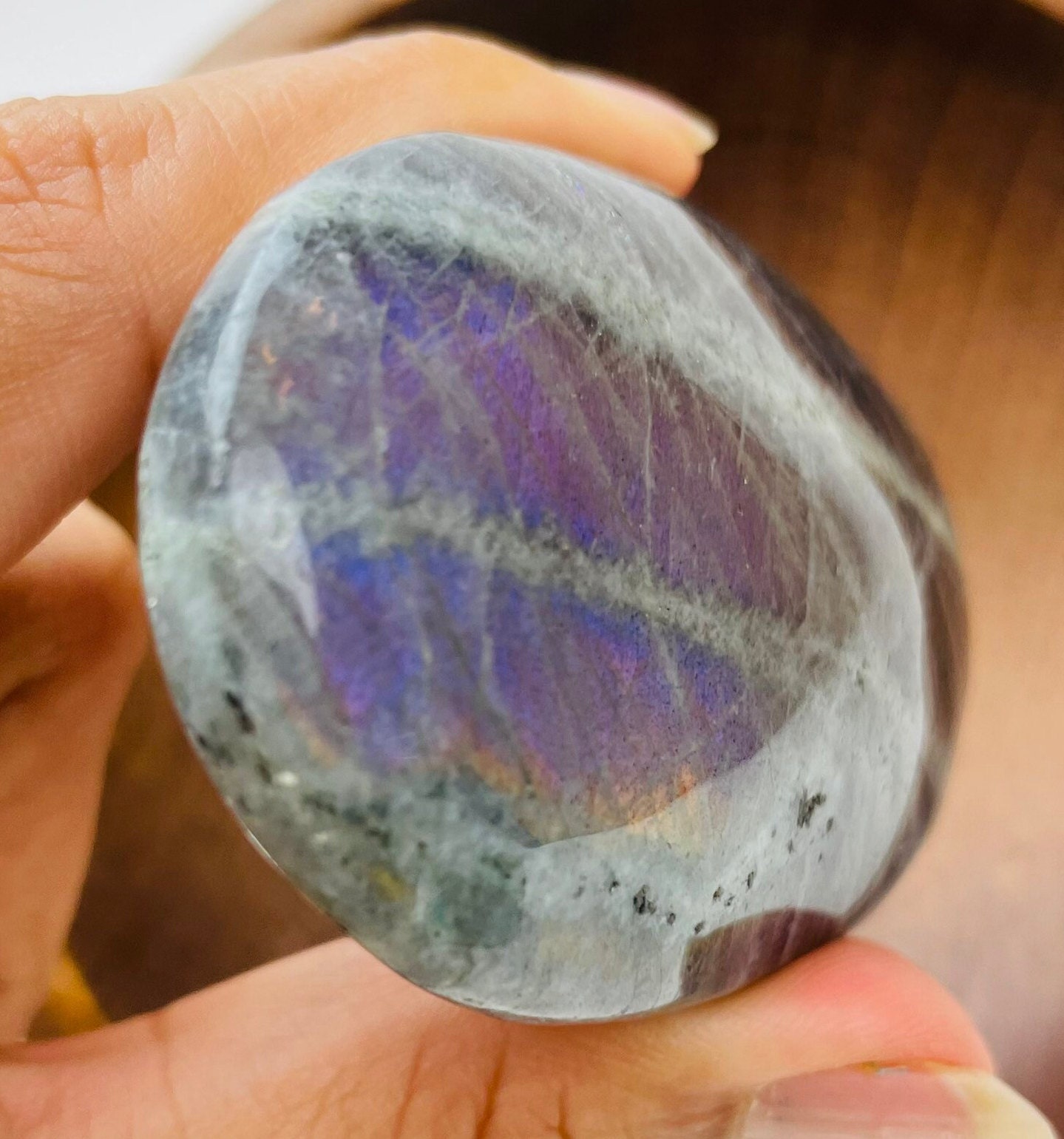Purple Flash Labradorite Palm Stone - Polished Crystal Gemstone 113.92g