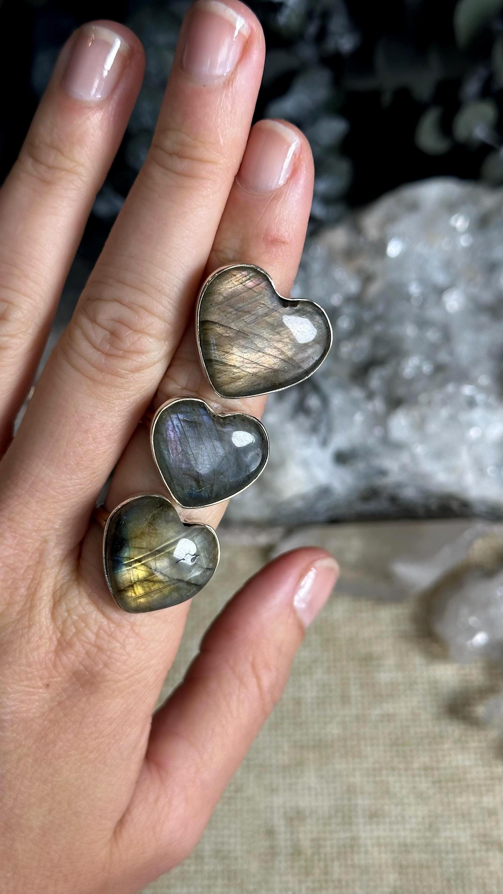 Size 10 Heart Labradorite Ring: Pink, Purple & Orange .925 Sterling Silver