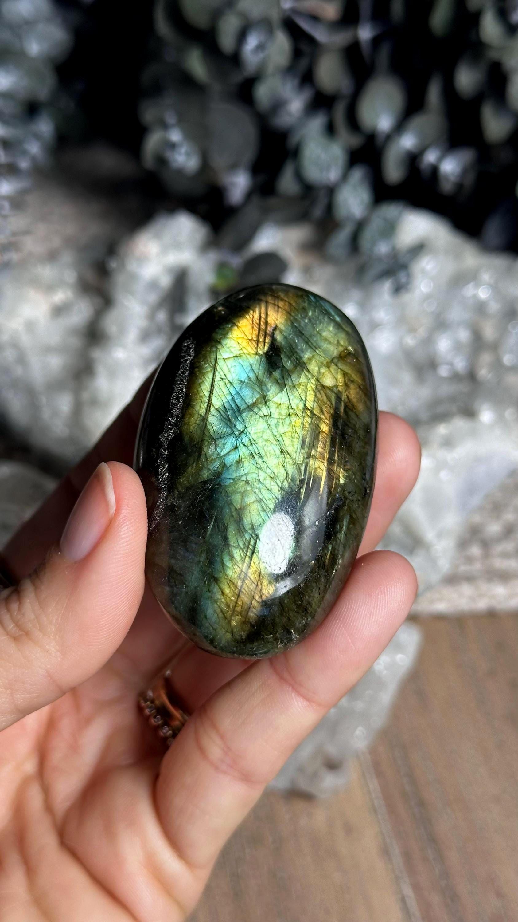 Teal And Gold Labradorite Palm Stone, Flashy Lab