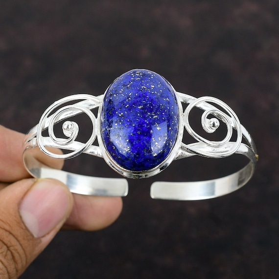 Lapis Lazuli Bangle: Handmade 925 Sterling Silver Cuff, Adjustable