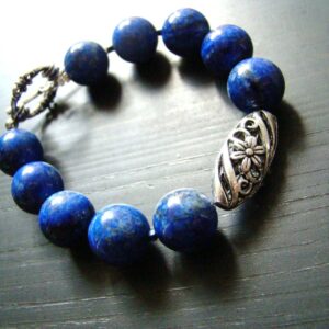 Lapis Lazuli Beaded Bracelet: Tibetan Silver Floral Bead, Gemstone Jewelry