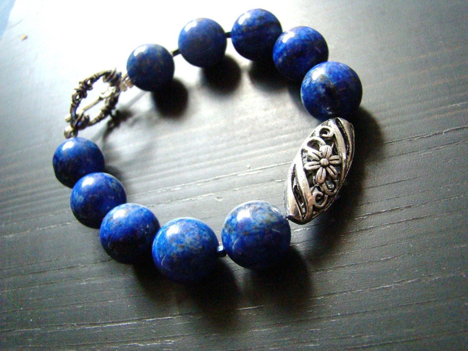 Lapis Lazuli Beaded Bracelet: Tibetan Silver Floral Bead, Gemstone Jewelry