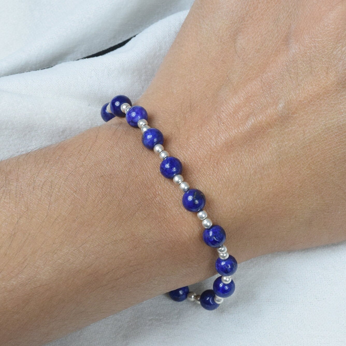Blue Lapis Lazuli Beaded Bracelet: 925 Sterling Silver Gemstone Jewelry