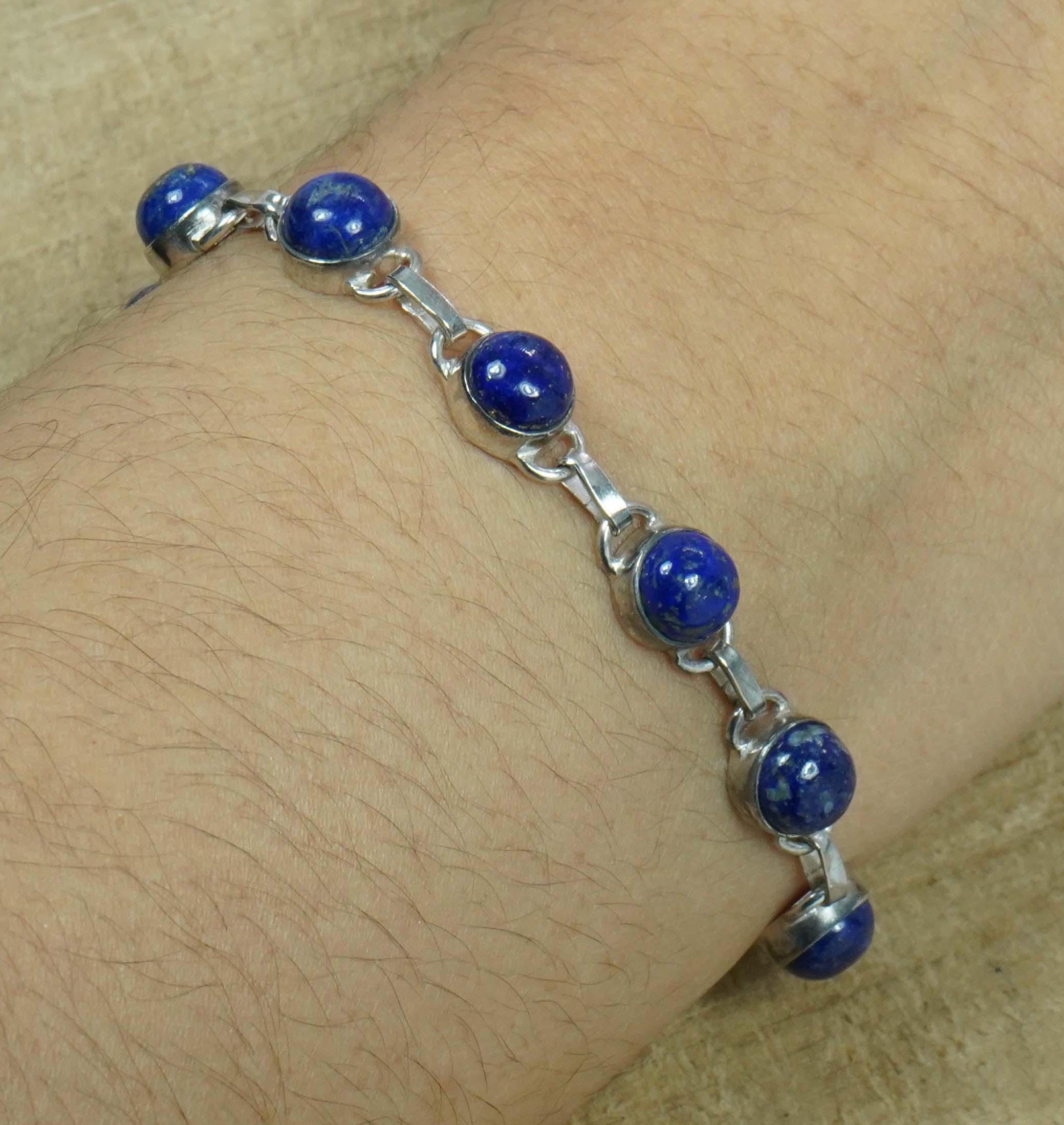 Blue Lapis Lazuli Sterling Silver Bracelet - Adjustable Gemstone
