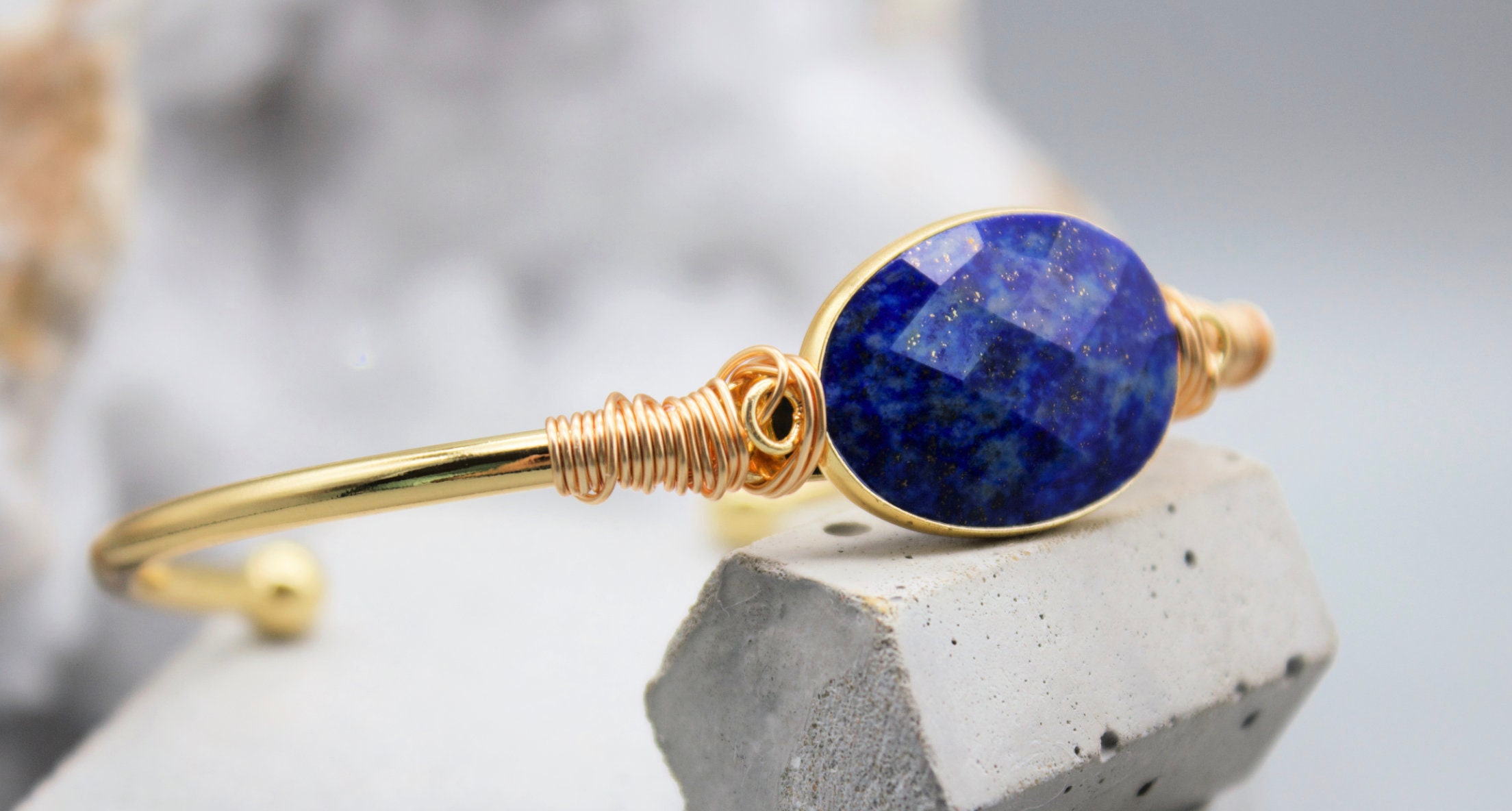 Faceted Lapis Lazuli Bracelet: 18k Gold Plated Crystal Jewelry