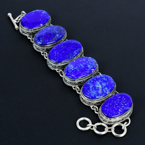 Lapis Lazuli Gemstone Bracelet: Handmade 925 Sterling Silver Adjustable Chain