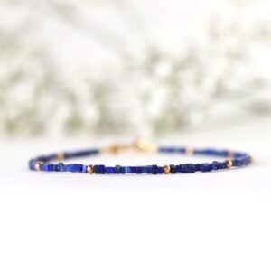 Genuine Lapis Lazuli bracelet with 14k gold filled, 1.5mm blue gemstone bracelet, very tiny blue crystal bracelet, women's bracelet