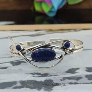 Handmade Lapis Lazuli Bangle: 925 Sterling Silver Adjustable Bracelet