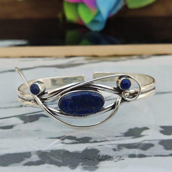 Handmade Lapis Lazuli Bangle: 925 Sterling Silver Adjustable Bracelet Handmade Lapis Lazuli Bangle: 925 Sterling Silver Adjustable Bracelet