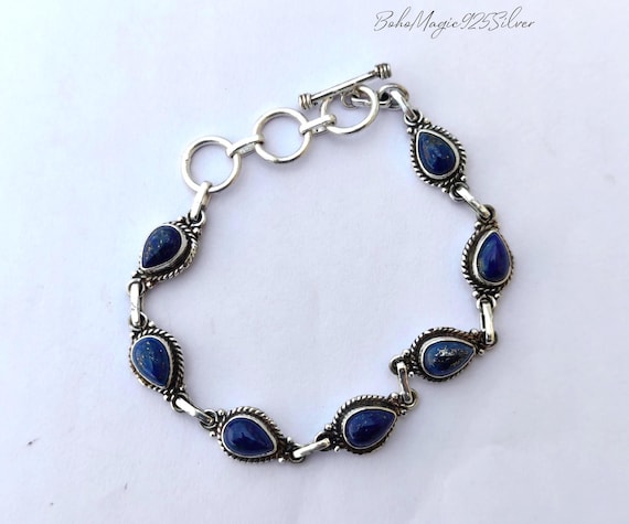 Handmade Lapis Lazuli Sterling Silver Bracelet: Boho Gemstone Jewelry
