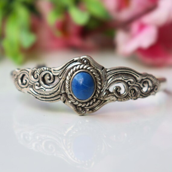 Handmade Lapis Lazuli Sterling Silver Cuff Bangle, Boho Jewelry