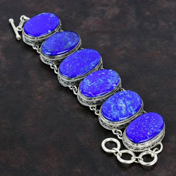 Handmade Lapis Lazuli Bracelet: Vintage 925 Sterling Silver Adjustable Chain