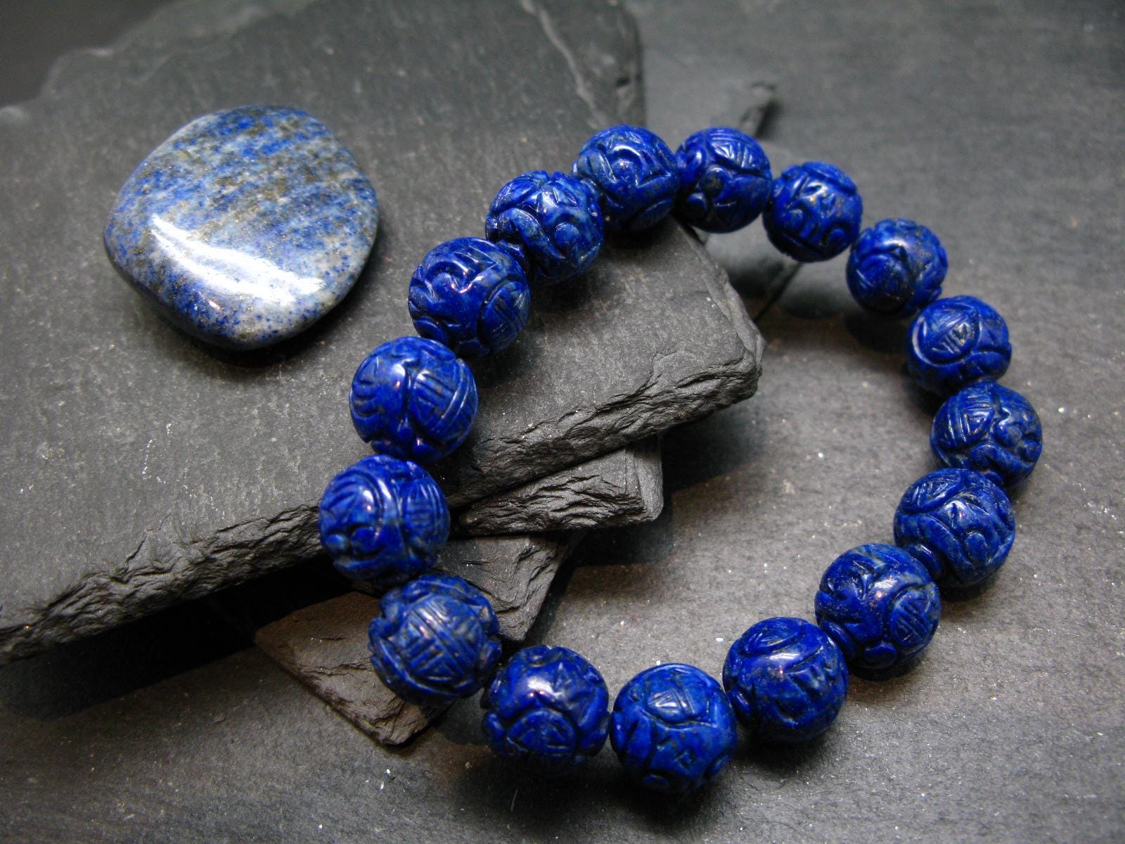 Lapis Lazuli Lazurite Genuine Bracelet ~ 7 Inches ~ 12mm Carved Beads
