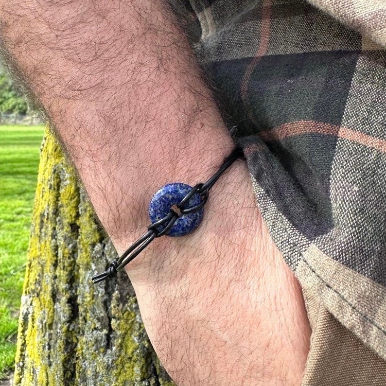 Lapis Lazuli Leather Bracelet: Adjustable Gemstone, Virgo Birthstone