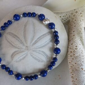 Lapis Lazuli Bracelet, Sterling Silver, Cobalt Blue Beaded Stretch Bracelet