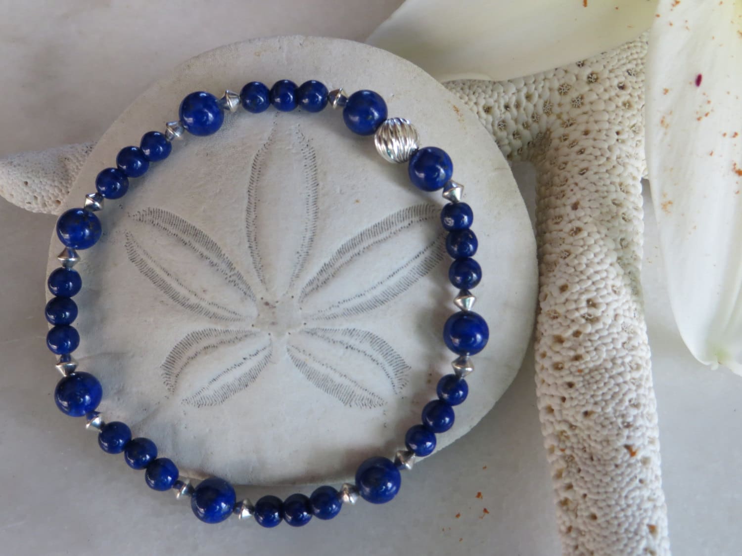 Lapis Lazuli Bracelet, Sterling Silver, Cobalt Blue Beaded Stretch Bracelet