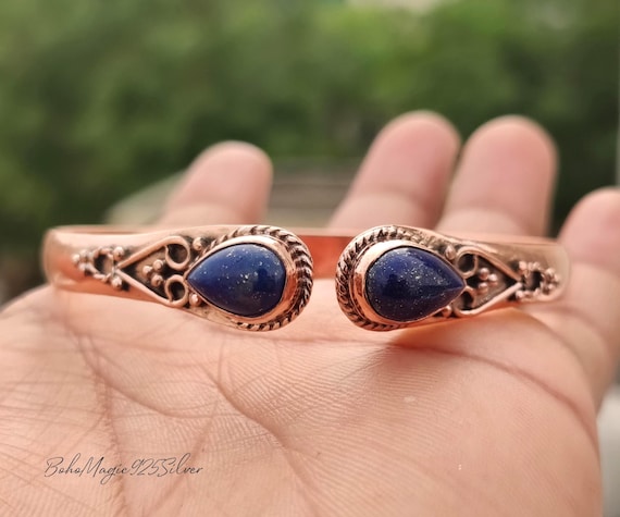 Lapis Lazuli Sterling Silver Bangle, Blue Gemstone Handicraft Bracelet