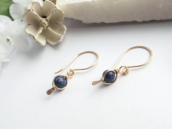 Lapis Lazuli 14k Gold Filled Wire Wrapped Dangle Earrings, September Birthstone