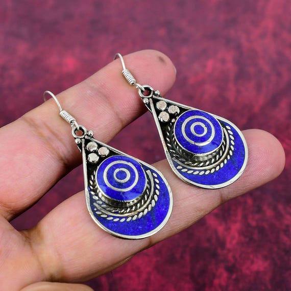 Lapis Lazuli Earrings 925 Sterling Silver Tibetan Earrings Dangle & Drop Earrings Handmade Jewelry Statement Tribal Nepali Earrings For Gift