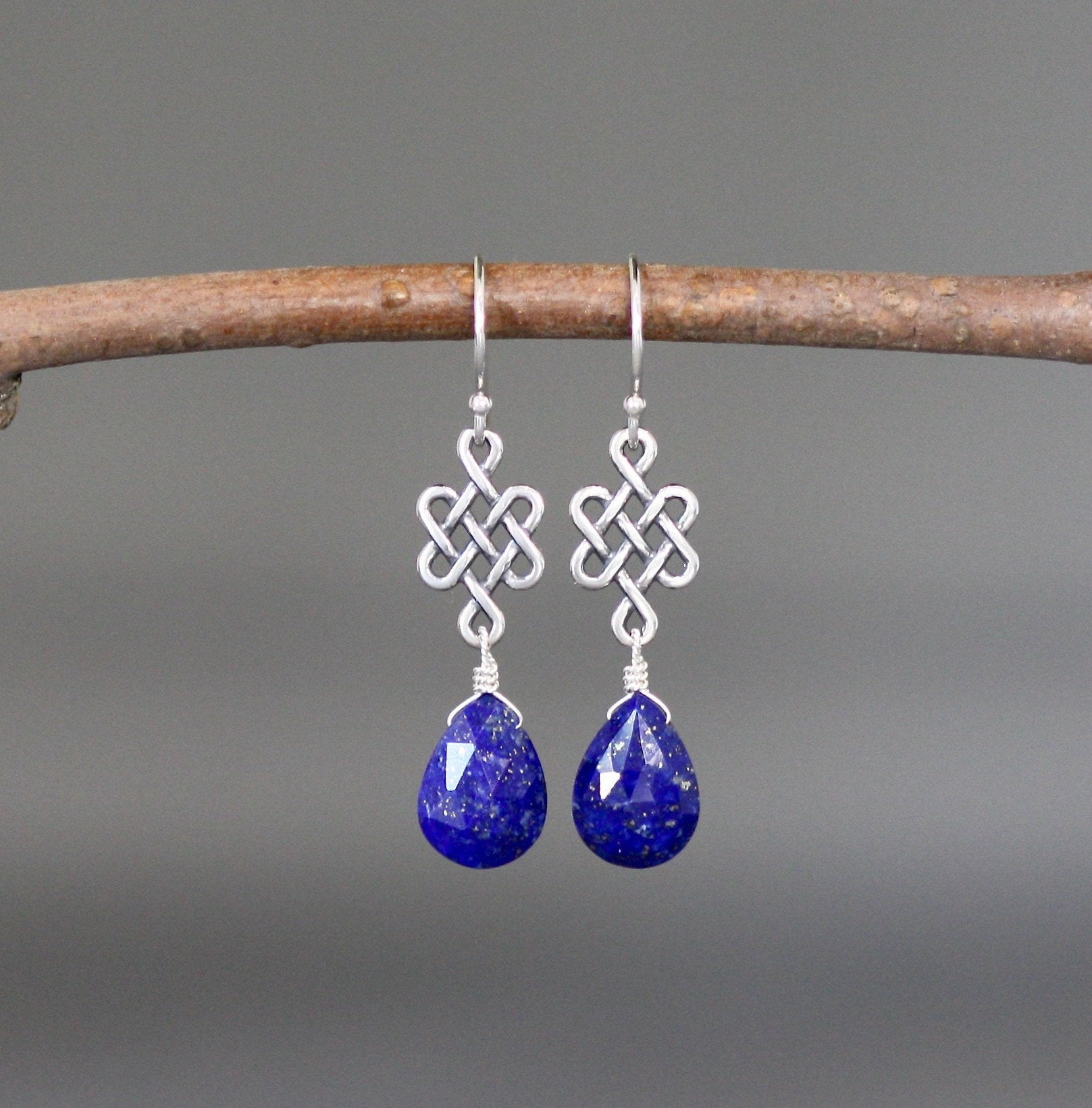 Lapis And Silver Earrings - Lapis Lazuli Earrings - Silver Celtic Earrings - Blue Gemstone Earrings - Silver Wire Wrapped Earrings