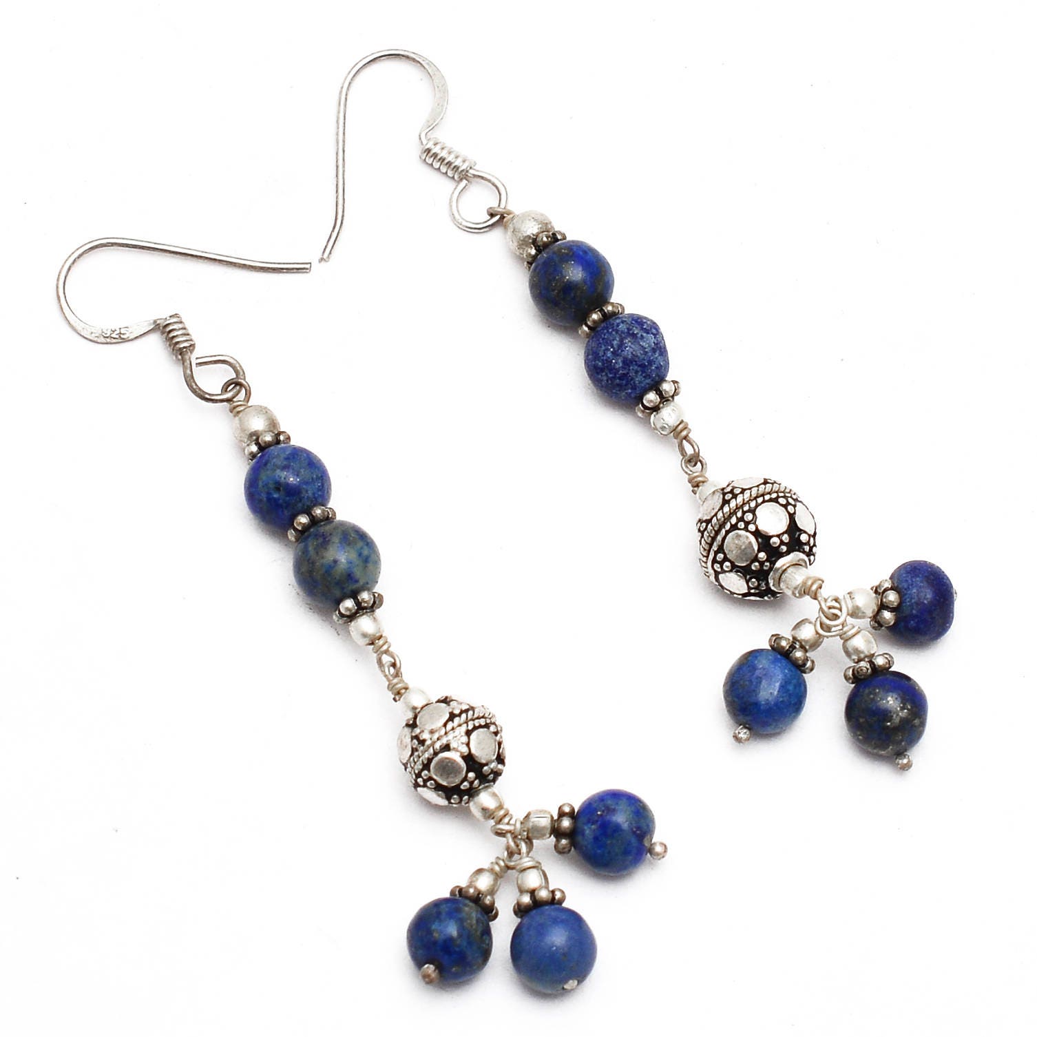 Antique Design Long Lapis Dangle Earrings , Natural Lapis Lazuli - Sterling Silver Big Earrings , Lapis Gemstone Earrings - 925 Silver