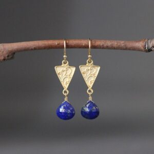 Lapis Lazuli Earrings - Blue and Gold Earrings - Gold Link Earrings - Blue Gemstone Jewelry - Gold Wire Wrapped Earrings - Matte Gold