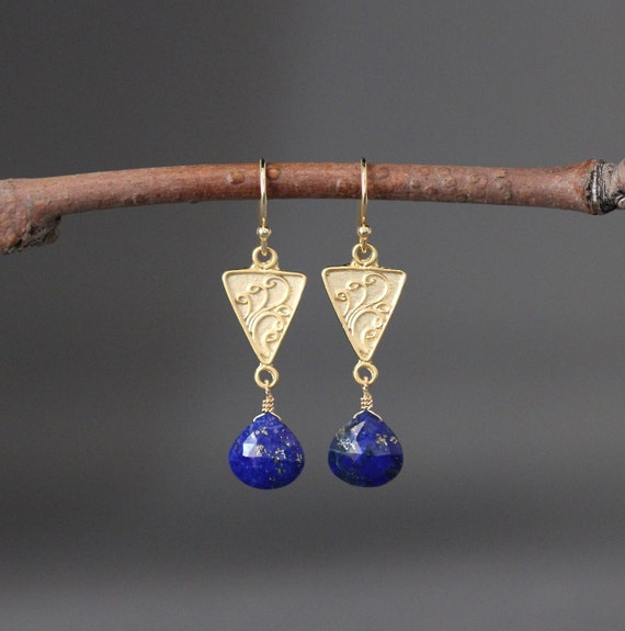 Lapis Lazuli Earrings - Blue And Gold Earrings - Gold Link Earrings - Blue Gemstone Jewelry - Gold Wire Wrapped Earrings - Matte Gold