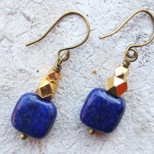 Lapis Lazuli Earrings: Boho Cobalt Blue Jewelry, Gold Plated Accents