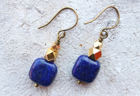Lapis Lazuli Earrings: Boho Cobalt Blue Jewelry, Gold Plated Accents