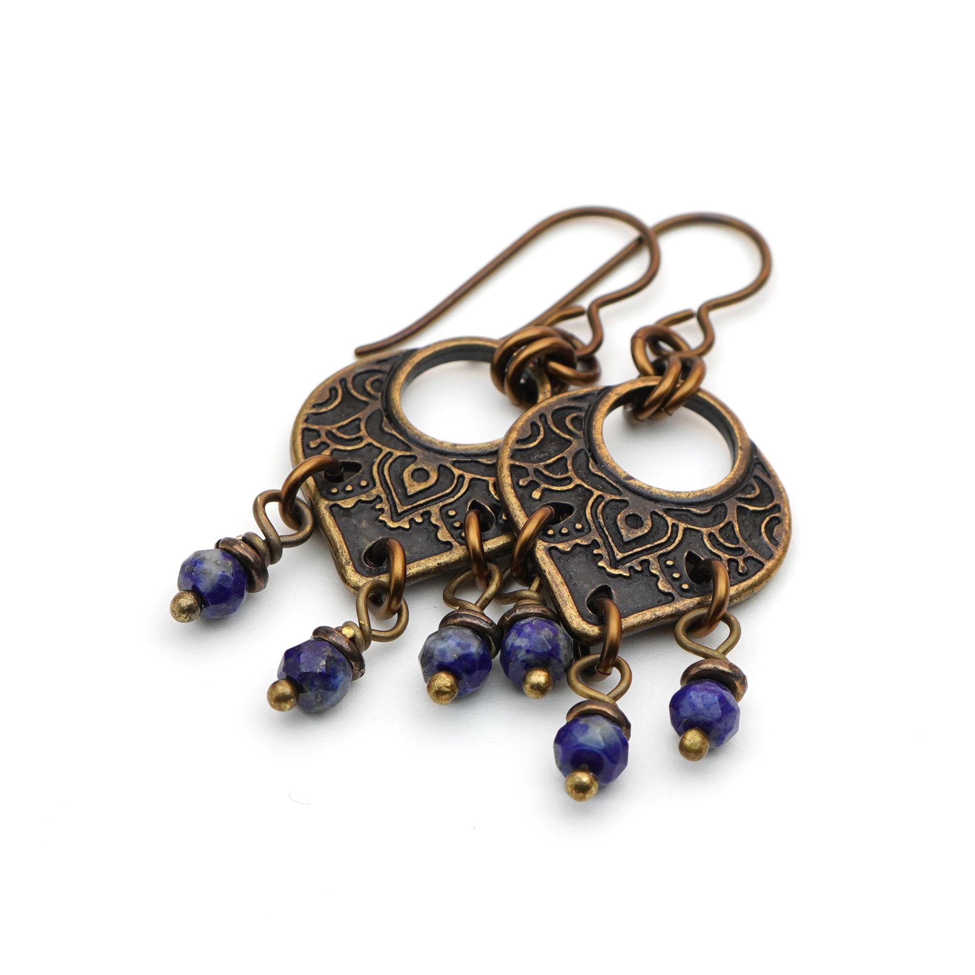 Lapis Chandelier Earrings, Blue Stone Beads, French Hooks, Boho Ornate Brass Dangle, 2 Inches Long Lapis Chandelier Earrings, Blue Stone Beads, French Hooks, Boho Ornate Brass Dangle, 2 Inches Long