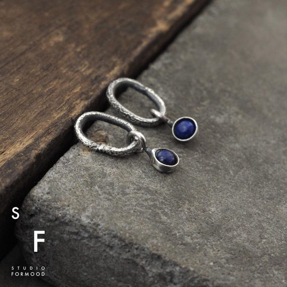 Dainty Sterling Silver And Lapis Lazuli Earrings, Artisan Oxidized Stud Earrings,